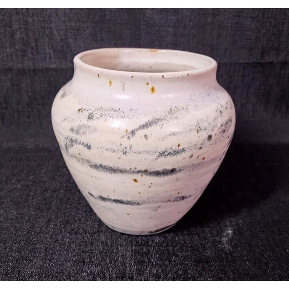 Vintage Signed Studio Pottery Ceramic Speckle Glaze Blue Stripe Vase Planter Pot